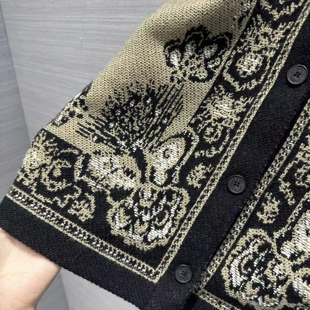 Dior Women CD Cardigan Beige Black Virgin Wool Cotton Jacquard Butterfly Bandana Motif