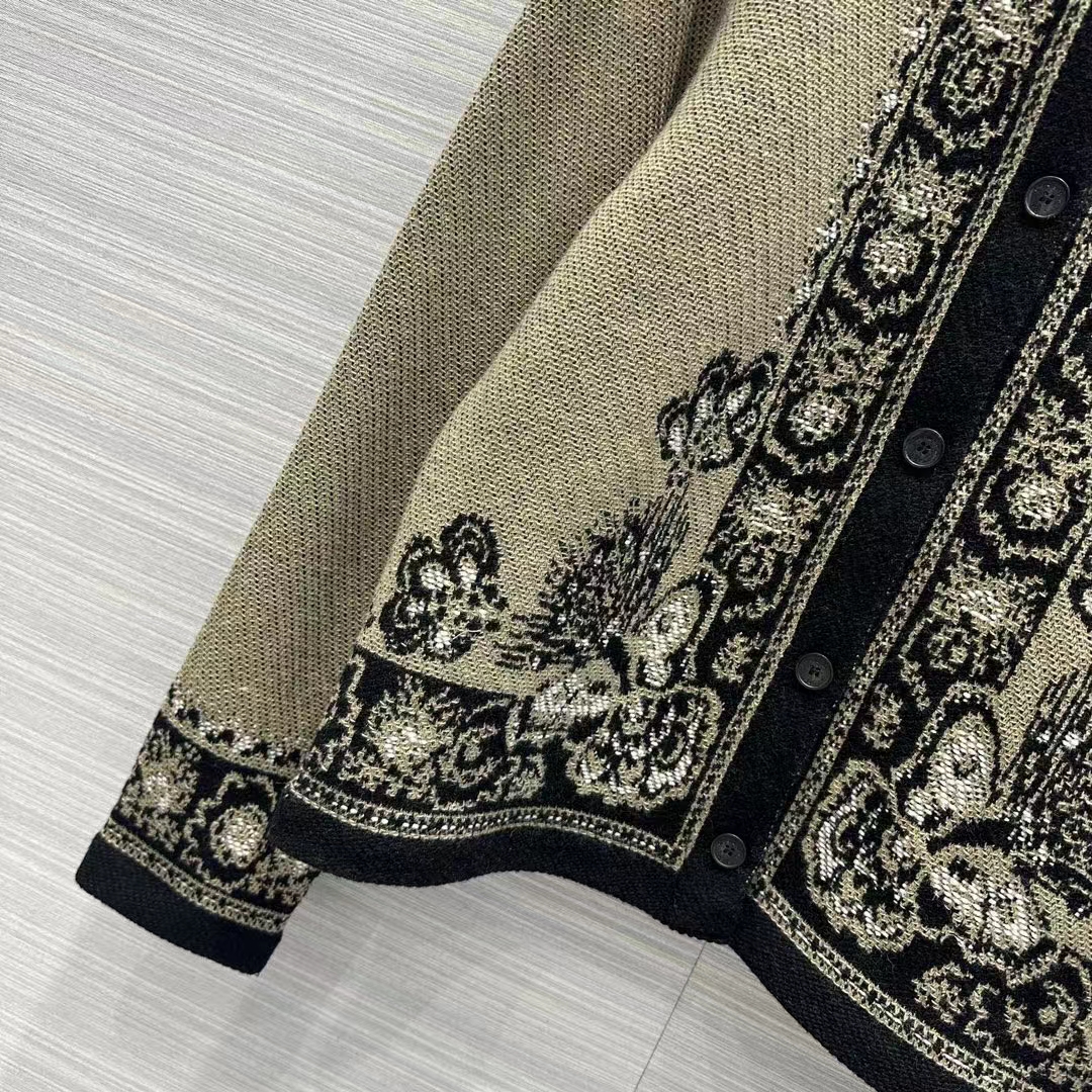 Dior Women CD Cardigan Beige Black Virgin Wool Cotton Jacquard Butterfly Bandana Motif