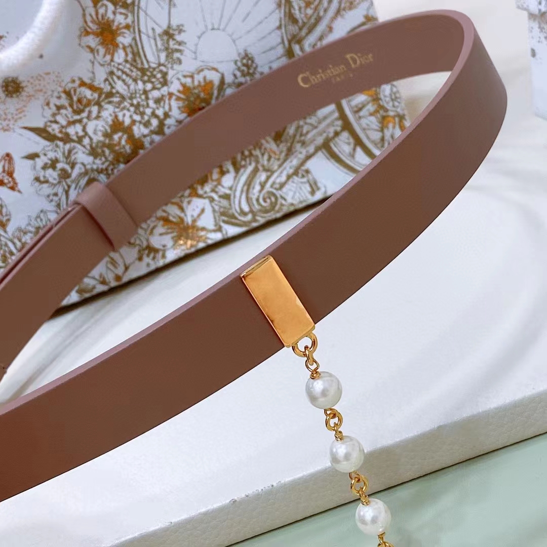 Dior Women CD Cinturon Dior Caro Belt Brown Smooth Calfskin White Glass Pearls 20 MM Width