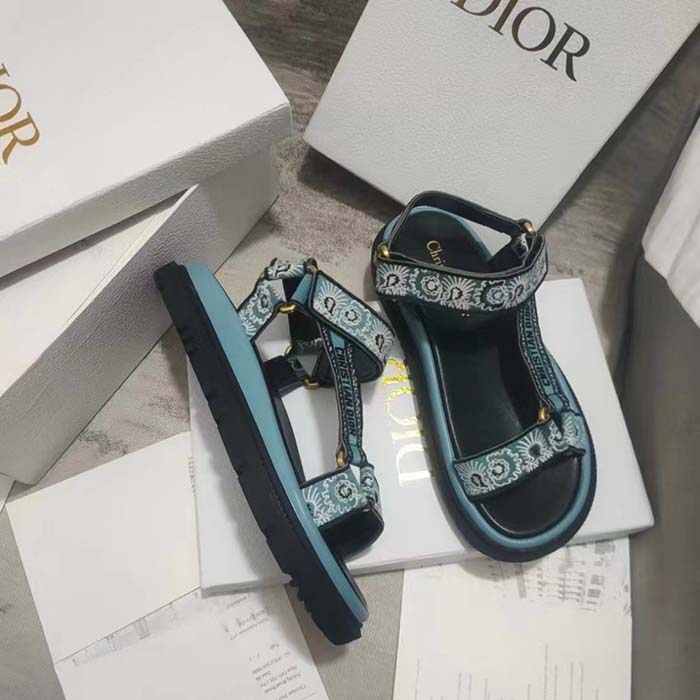 Dior Women CD D-Wave Sandal Denim Blue Multicolor Embroidered Cotton Butterfly Bandana