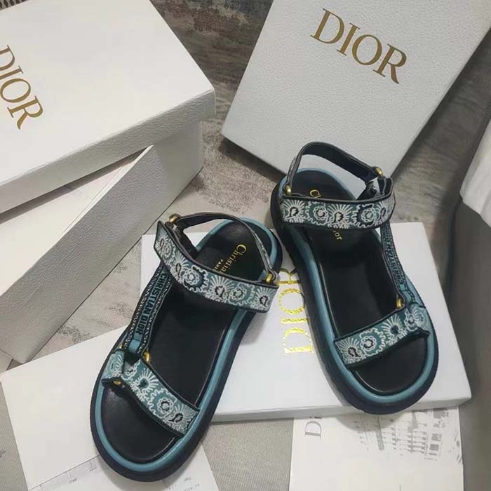 Dior Women CD D-Wave Sandal Denim Blue Multicolor Embroidered Cotton Butterfly Bandana