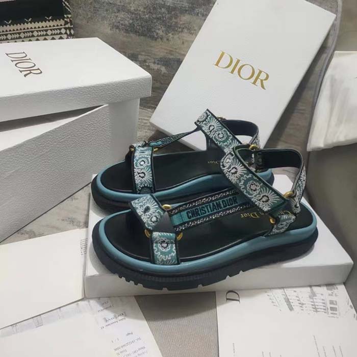 Dior Women CD D-Wave Sandal Denim Blue Multicolor Embroidered Cotton Butterfly Bandana