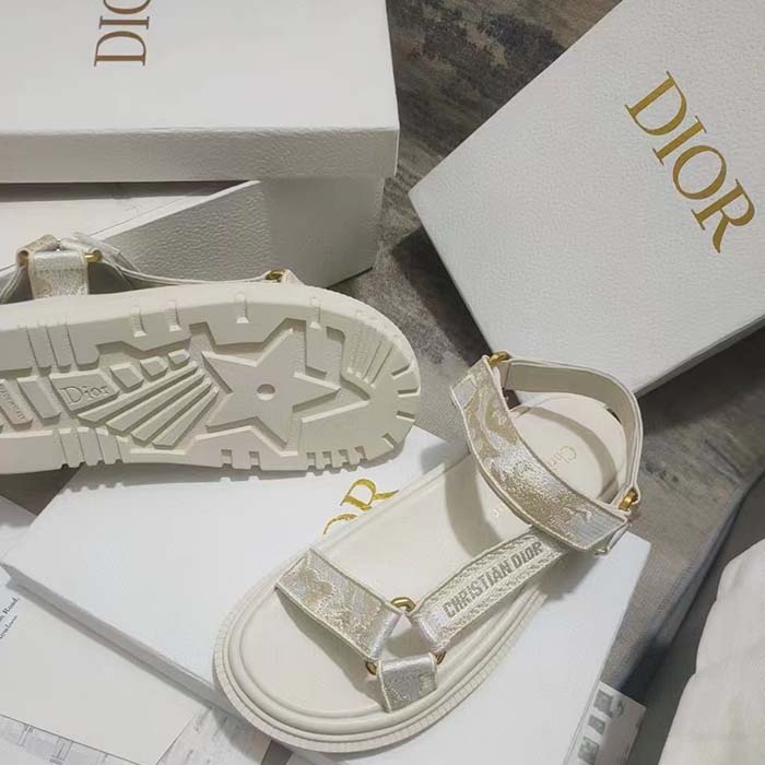 Dior Women CD D-Wave Sandal White Gold-Tone Gradient Butterflies Embroidered Cotton Metallic Thread