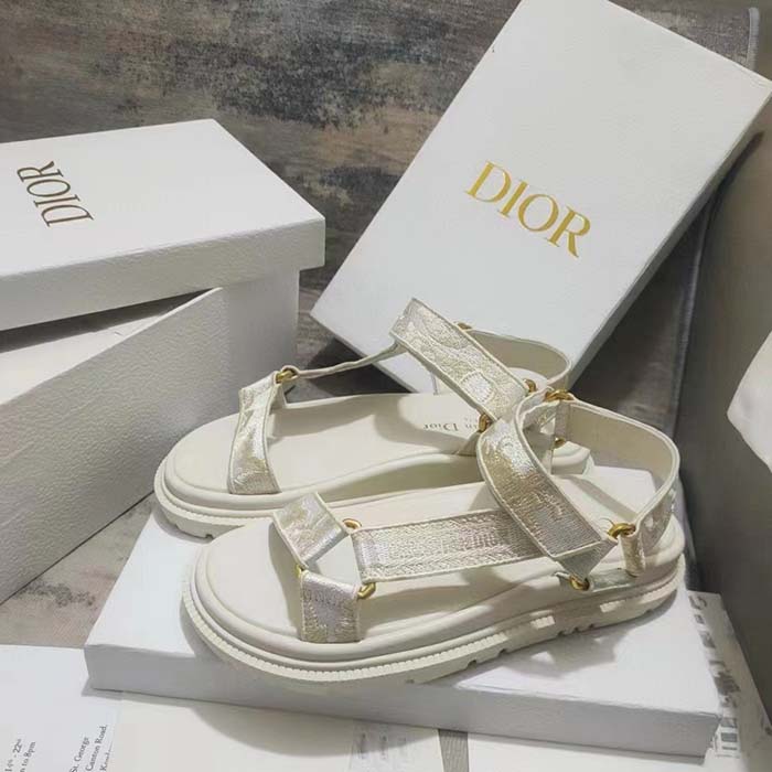 Dior Women CD D-Wave Sandal White Gold-Tone Gradient Butterflies Embroidered Cotton Metallic Thread
