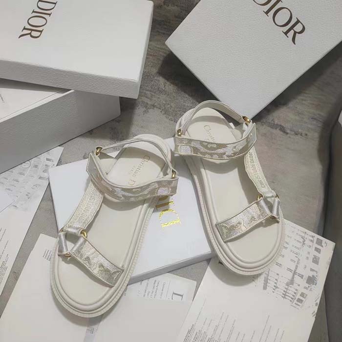 Dior Women CD D-Wave Sandal White Gold-Tone Gradient Butterflies Embroidered Cotton Metallic Thread