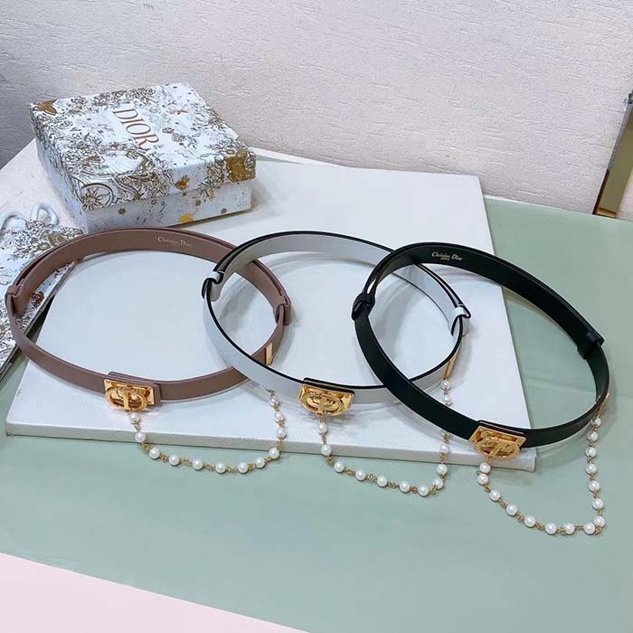 Dior Women CD Cinturon Dior Caro Belt Brown Smooth Calfskin White Glass Pearls 20 MM Width
