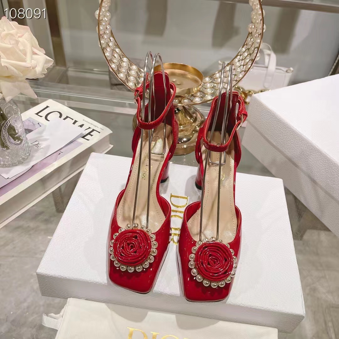 Dior Women CD Dior Rose Pump Amaryllis Red Patent Calfskin White Resin Pearls