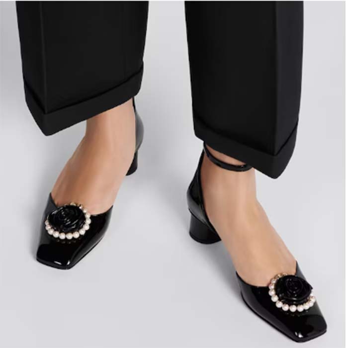 Dior Women CD Dior Rose Pump Black Patent Calfskin White Resin Pearls