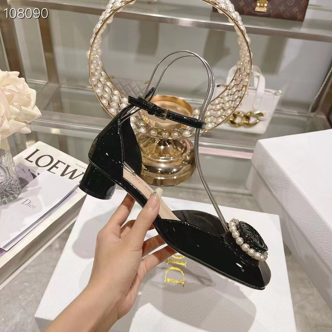 Dior Women CD Dior Rose Pump Black Patent Calfskin White Resin Pearls