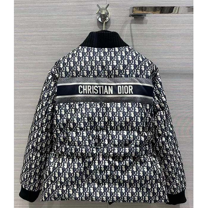 Dior Women CD DiorAlps Reversible Belted Jacket Blue Quilted Technical Taffeta Jacquard Dior Oblique Motif