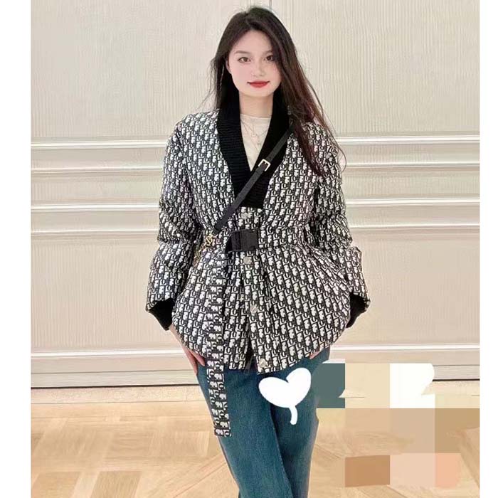 Dior Women CD DiorAlps Reversible Belted Jacket Blue Quilted Technical Taffeta Jacquard Dior Oblique Motif