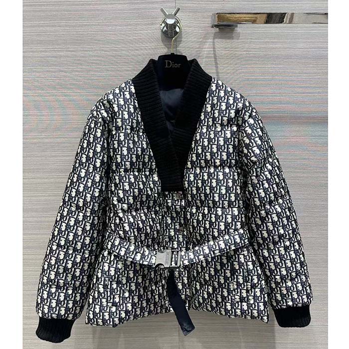 Dior Women CD DiorAlps Reversible Belted Jacket Blue Quilted Technical Taffeta Jacquard Dior Oblique Motif
