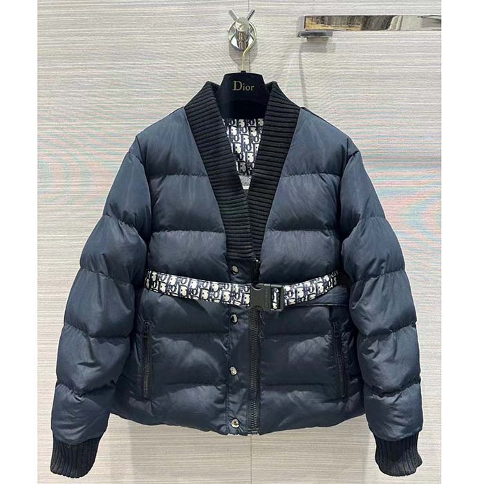 Dior Women CD DiorAlps Reversible Belted Jacket Blue Quilted Technical Taffeta Jacquard Dior Oblique Motif