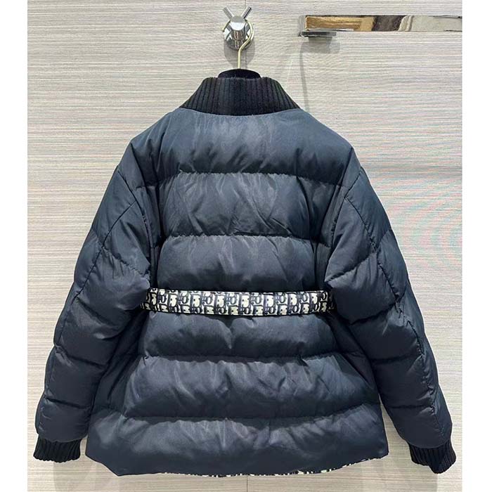 Dior Women CD DiorAlps Reversible Belted Jacket Blue Quilted Technical Taffeta Jacquard Dior Oblique Motif
