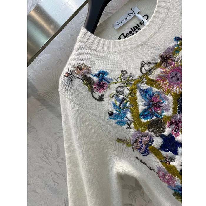 Dior Men CD Embroidered Sweater White Cashmere Knit Multicolor Tarot La Roue De La Fortune