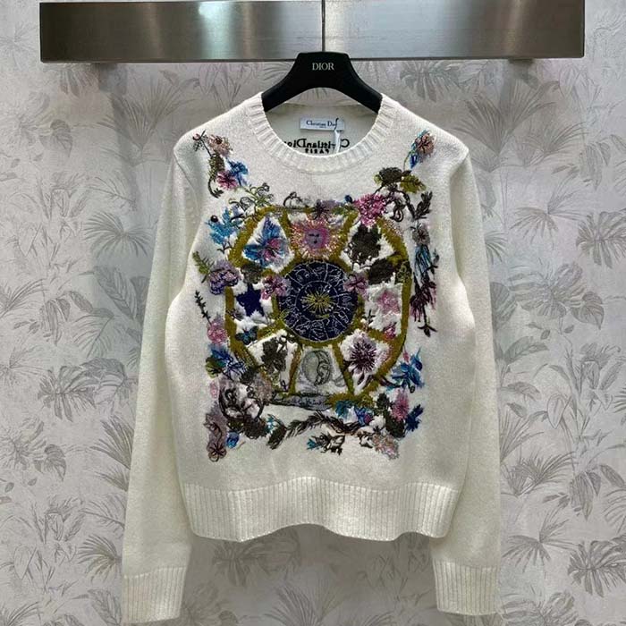 Dior Men CD Embroidered Sweater White Cashmere Knit Multicolor Tarot La Roue De La Fortune