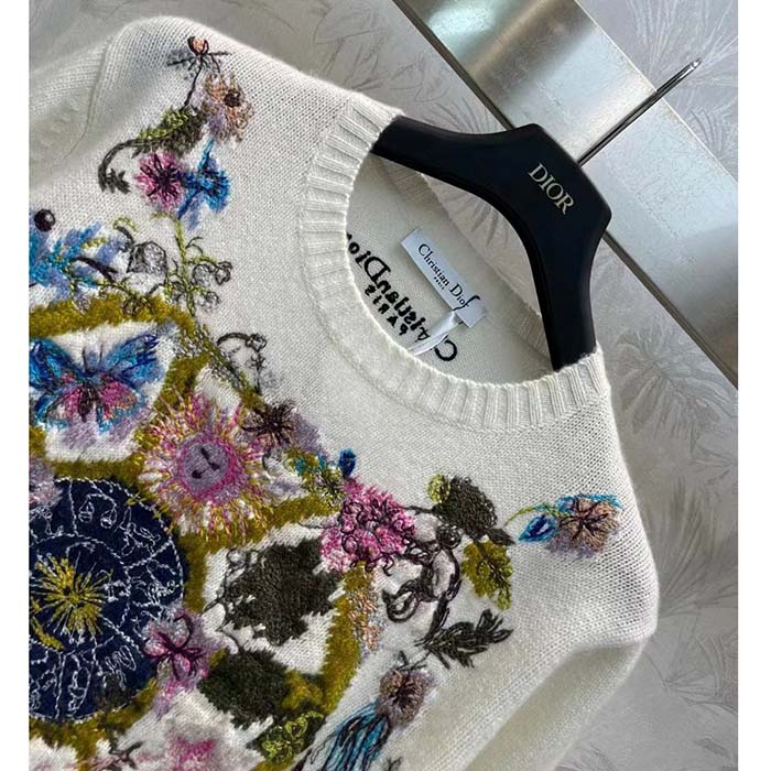 Dior Men CD Embroidered Sweater White Cashmere Knit Multicolor Tarot La Roue De La Fortune