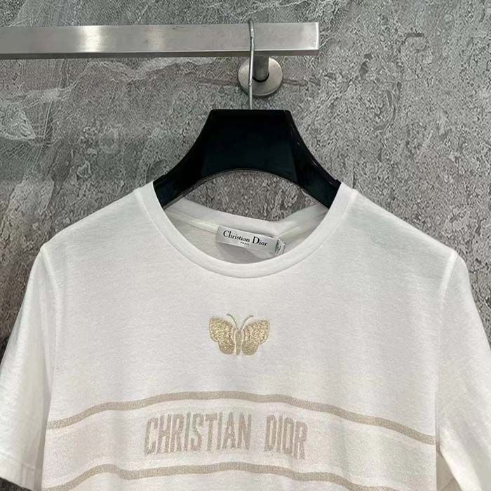Dior Men CD Embroidered T-Shirt White Cotton Jersey Gold-Tone Signature