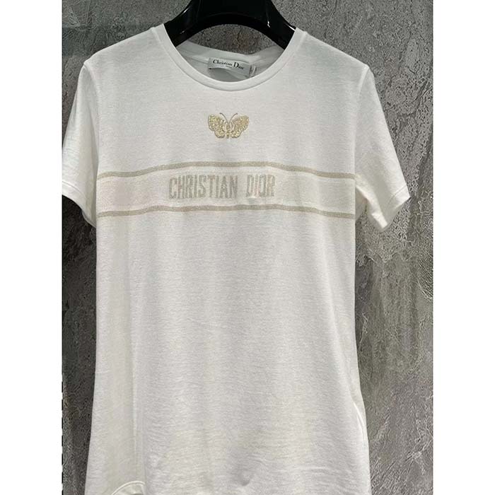 Dior Men CD Embroidered T-Shirt White Cotton Jersey Gold-Tone Signature