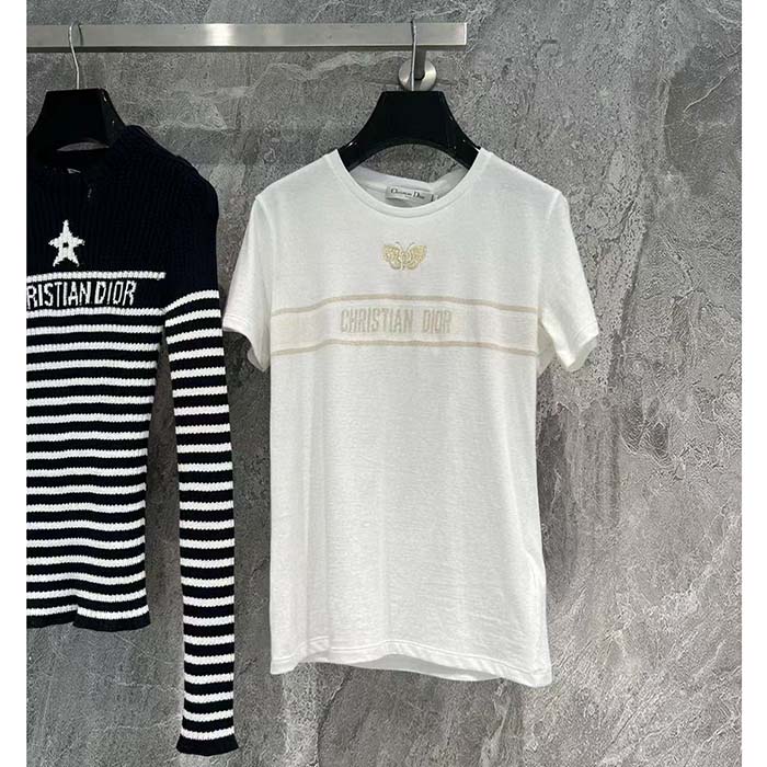 Dior Men CD Embroidered T-Shirt White Cotton Jersey Gold-Tone Signature