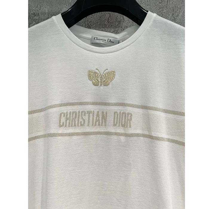 Dior Men CD Embroidered T-Shirt White Cotton Jersey Gold-Tone Signature