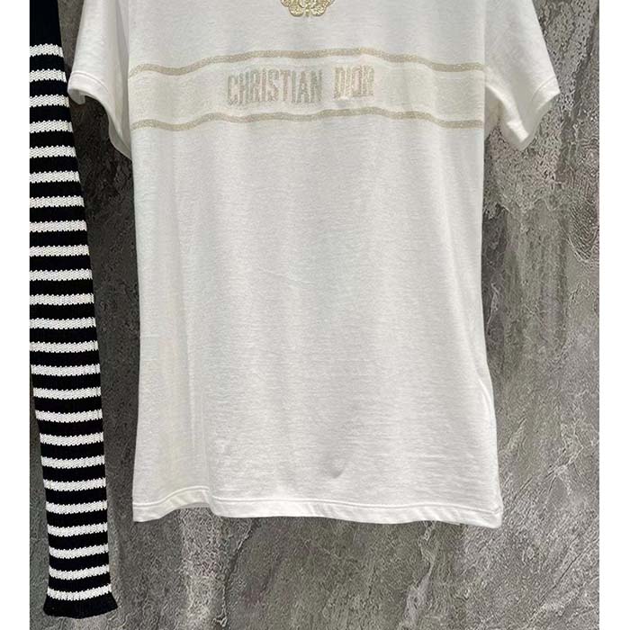 Dior Men CD Embroidered T-Shirt White Cotton Jersey Gold-Tone Signature