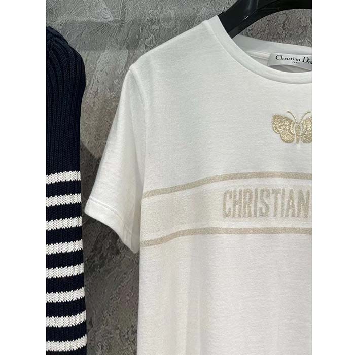 Dior Men CD Embroidered T-Shirt White Cotton Jersey Gold-Tone Signature