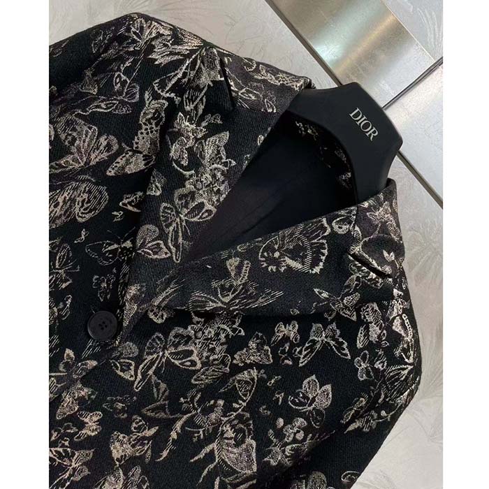 Dior Women CD Fitted Jacket Black Technical Jacquard Gold-Tone Allover Butterfly Motif