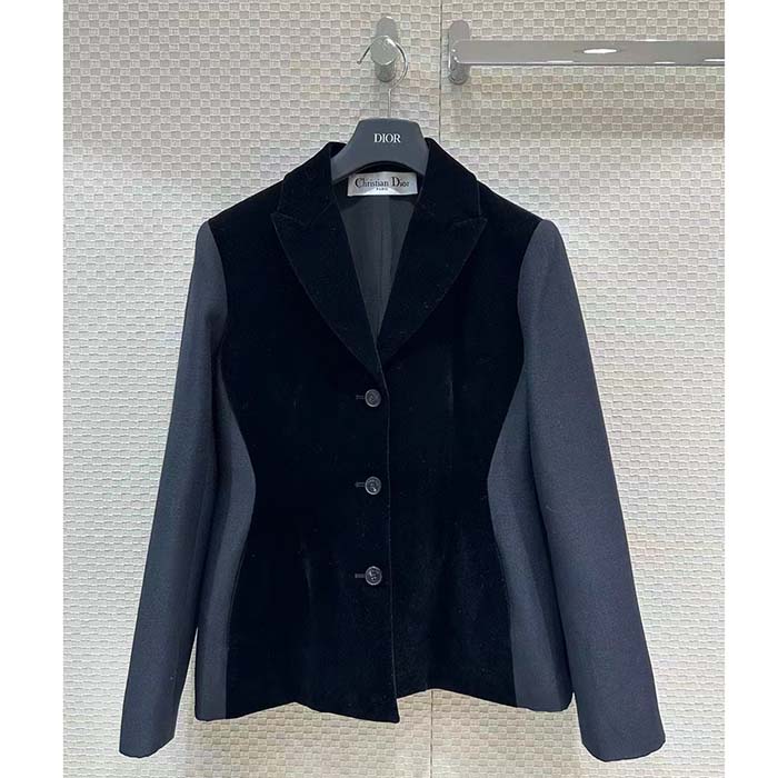 Dior Women CD Fitted Jacket Black Velvet-Effect Wool Silk