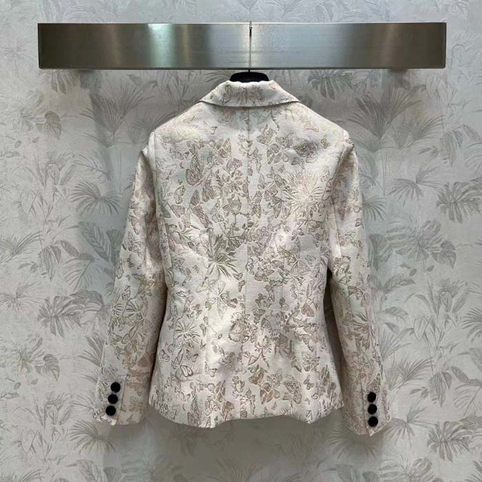 Dior Women CD Fitted Jacket White Technical Jacquard Gold-Tone Allover Butterfly Motif
