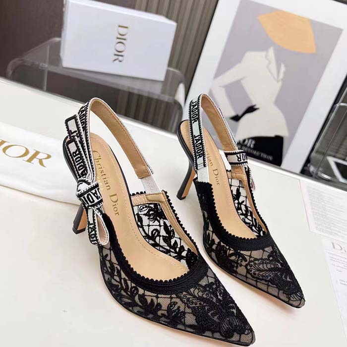Dior Women CD J’Adior Slingback Pump Transparent Mesh Embroidered Black Butterfly Motif