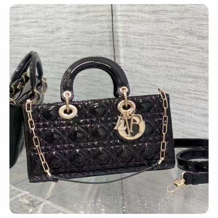 Dior Women CD Medium Lady D-Joy Bag Black Patent Cannage Calfskin