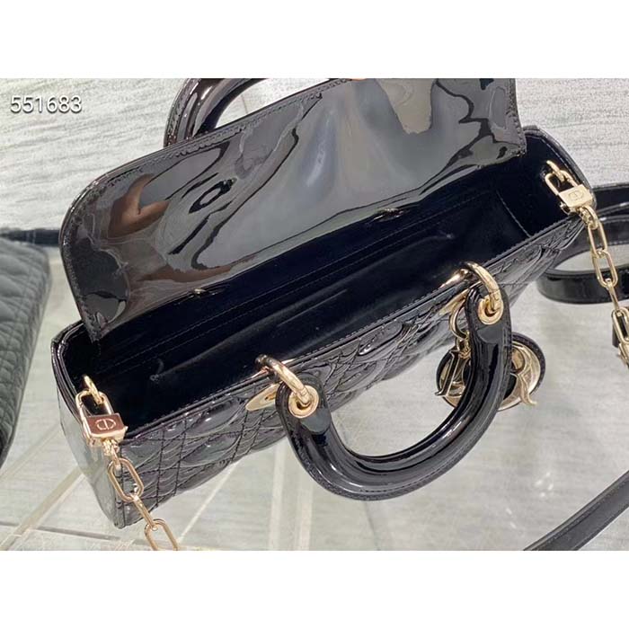 Dior Women CD Medium Lady D-Joy Bag Black Patent Cannage Calfskin
