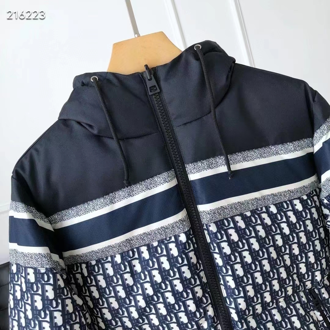 Dior Men CD Reversible Long Puffer Jacket Blue Ecru Dior Oblique Quilted Technical Taffeta
