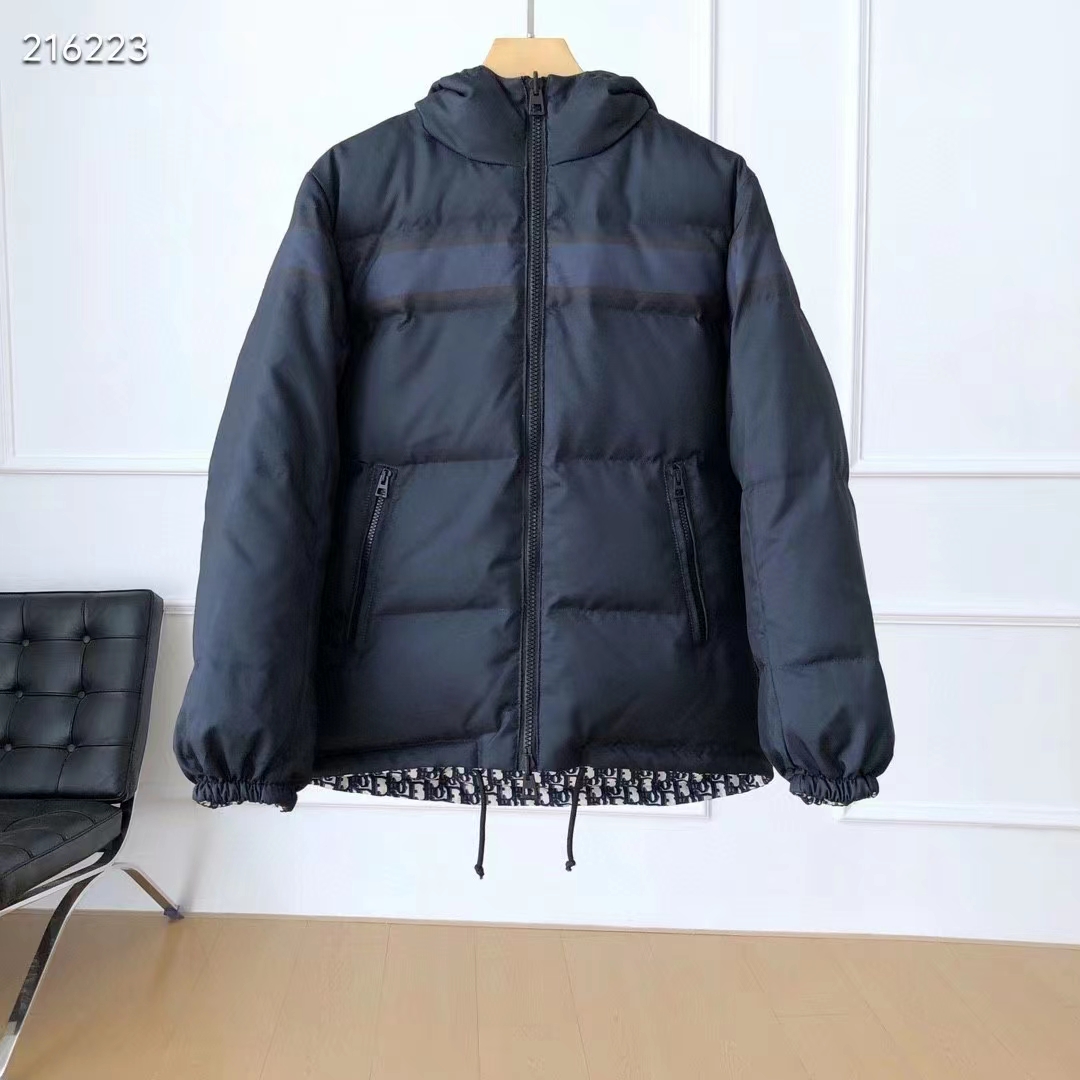 Dior Men CD Reversible Long Puffer Jacket Blue Ecru Dior Oblique Quilted Technical Taffeta