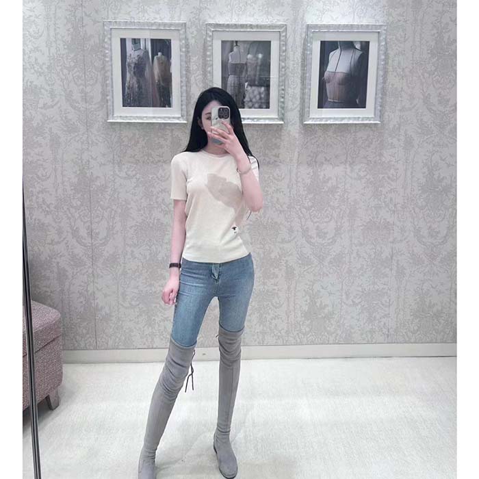Dior Women CD Short-Sleeved Sweater Ecru Cashmere Silk Knit