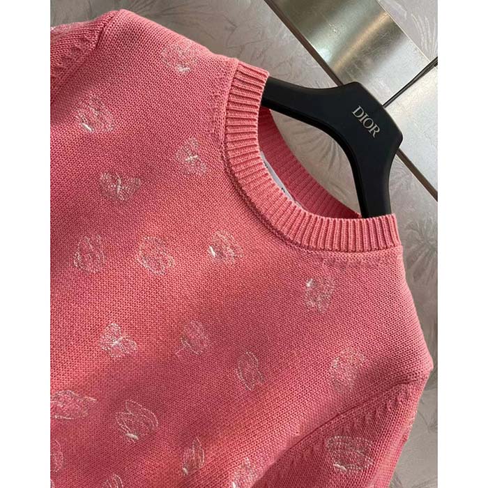 Dior Women CD Short-Sleeved Sweater Pink Wool Cashmere Knit Gradient Butterflies Motif
