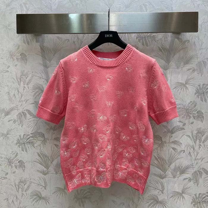 Dior Women CD Short-Sleeved Sweater Pink Wool Cashmere Knit Gradient Butterflies Motif