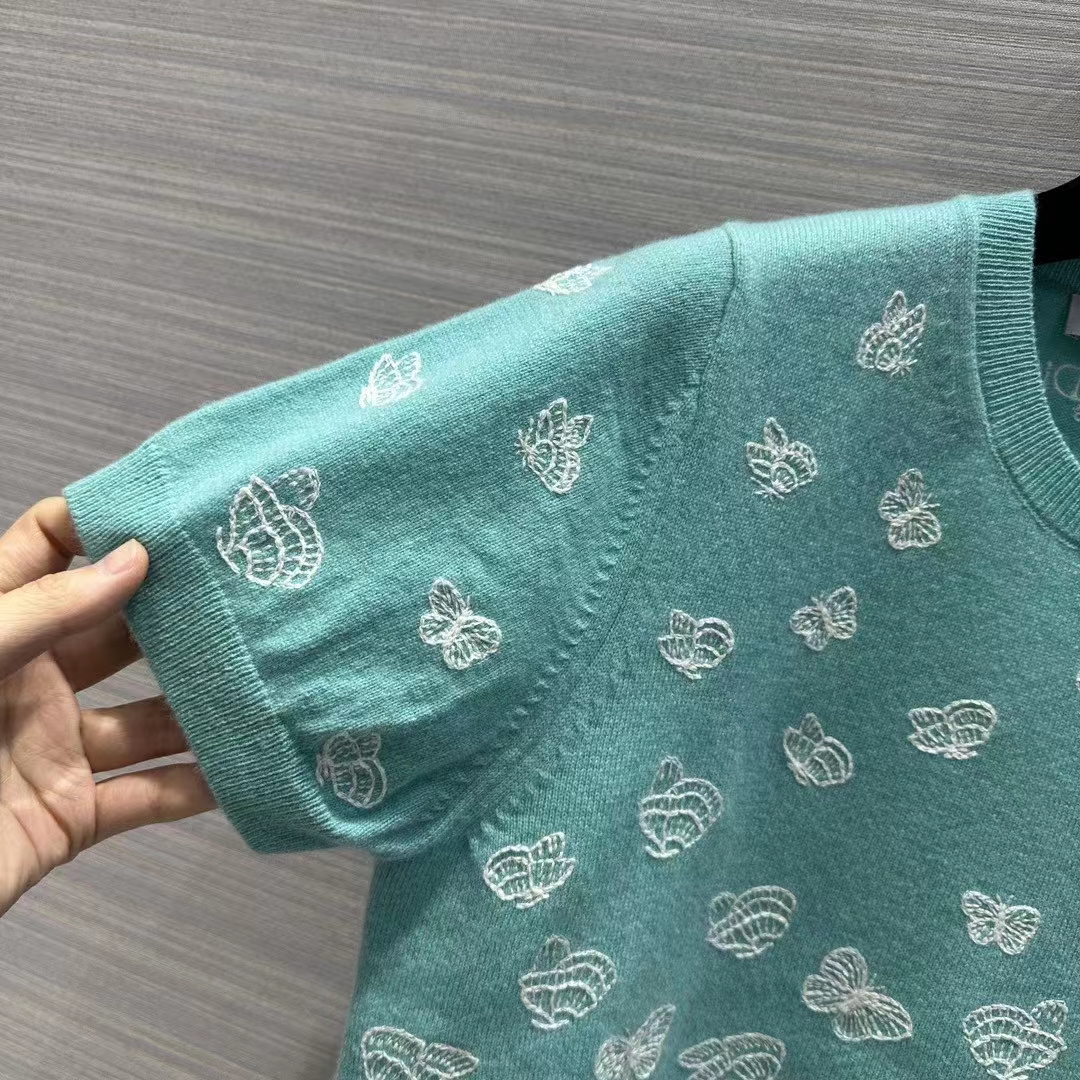 Dior Women CD Short-Sleeved Sweater Sea Green Wool Cashmere Knit Gradient Butterflies