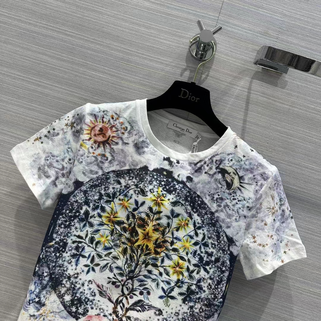 Dior Women CD T-Shirt White Cotton Jersey Multicolor Tarot L’Étoile Motif