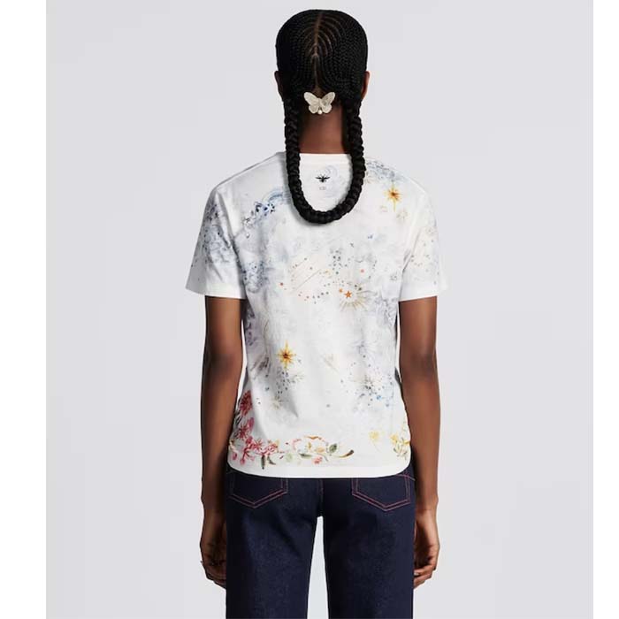 Dior Women CD T-Shirt White Cotton Jersey Multicolor Tarot L’Étoile Motif