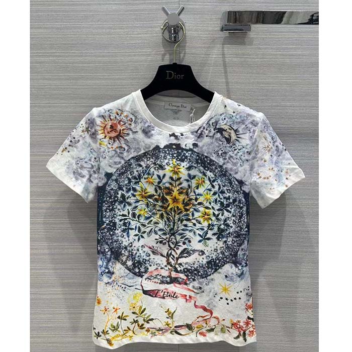 Dior Women CD T-Shirt White Cotton Jersey Multicolor Tarot L’Étoile Motif