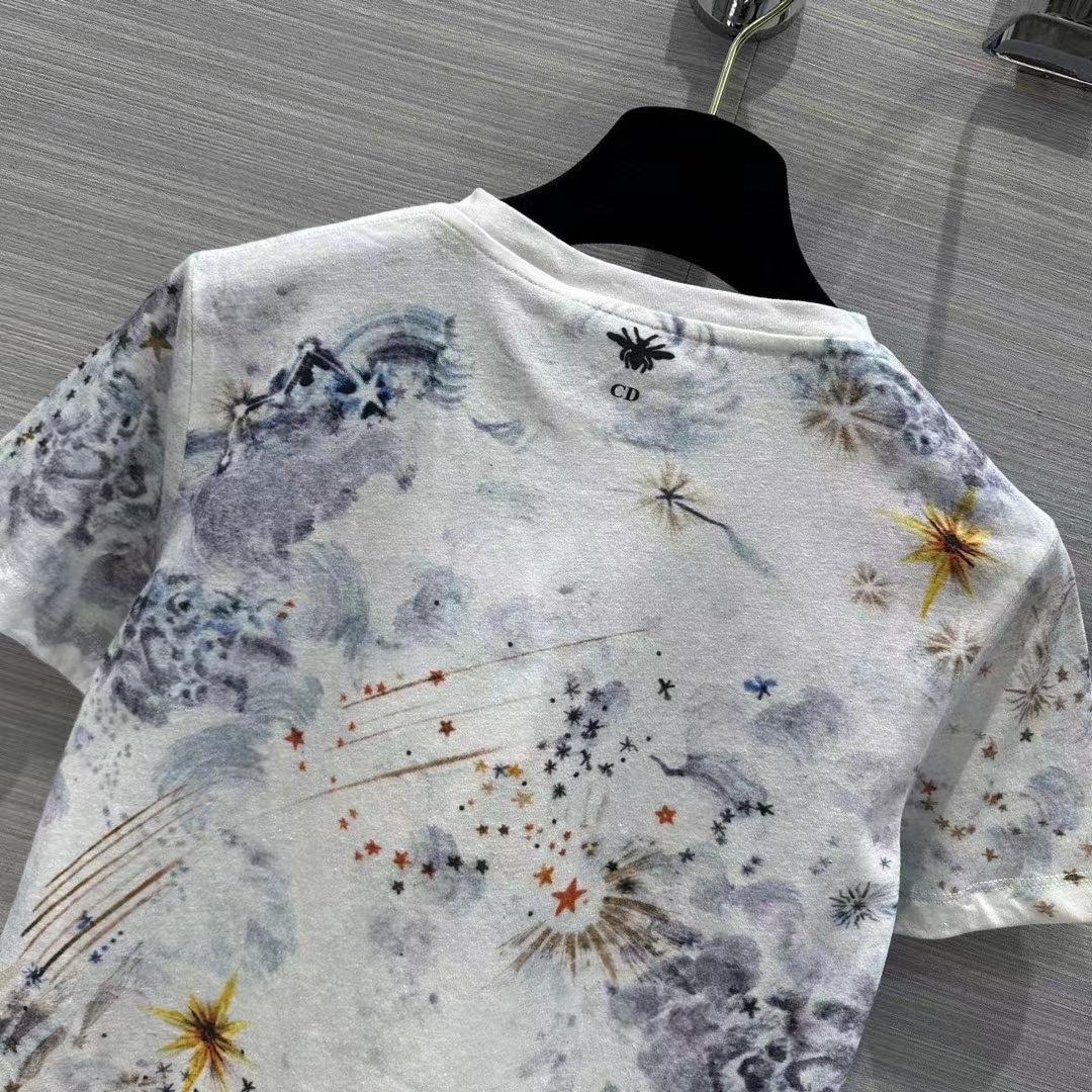 Dior Women CD T-Shirt White Cotton Jersey Multicolor Tarot L’Étoile Motif