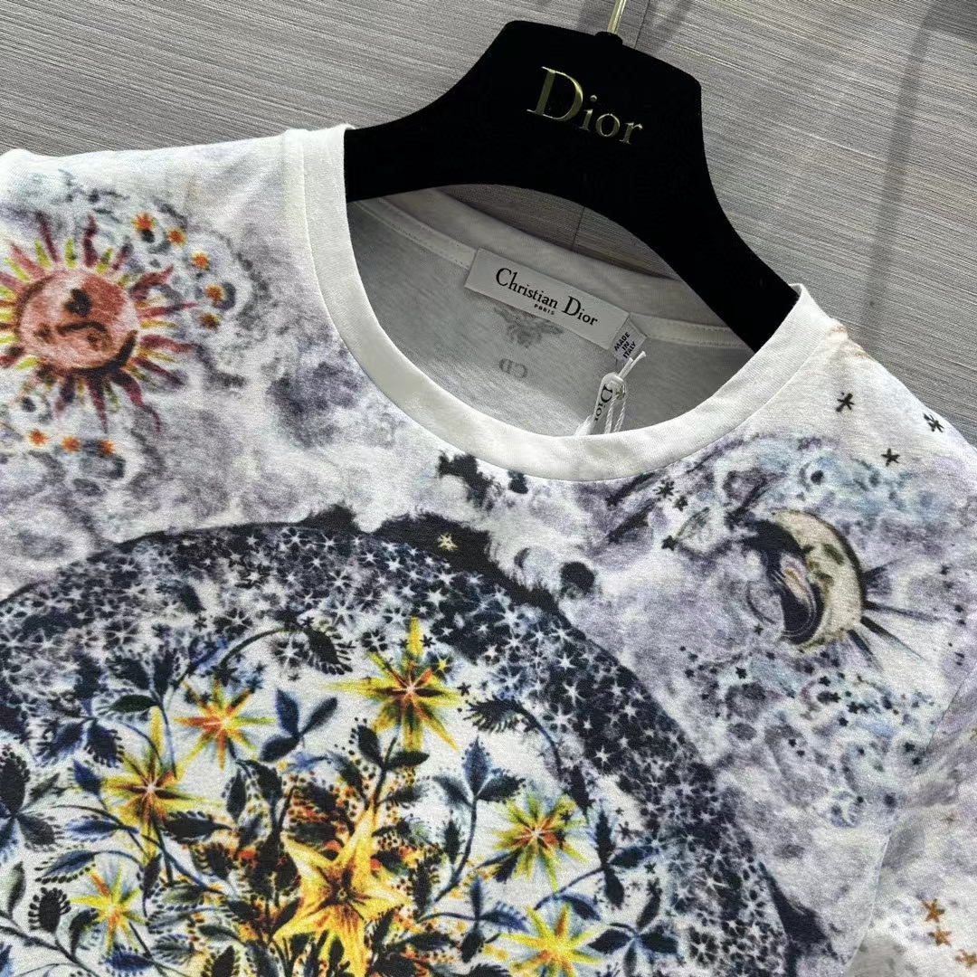 Dior Women CD T-Shirt White Cotton Jersey Multicolor Tarot L’Étoile Motif