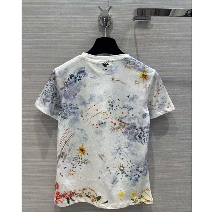 Dior Women CD T-Shirt White Cotton Jersey Multicolor Tarot L’Étoile Motif