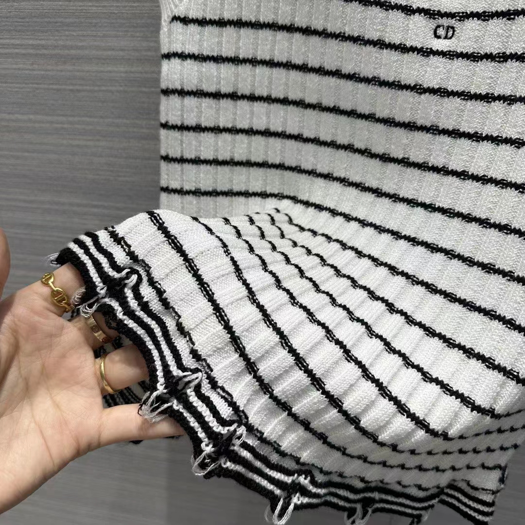 Dior Women CD Twin Set Knitwear Sweater Vest White Black Linen Cashmere Silk Ribbed Knit