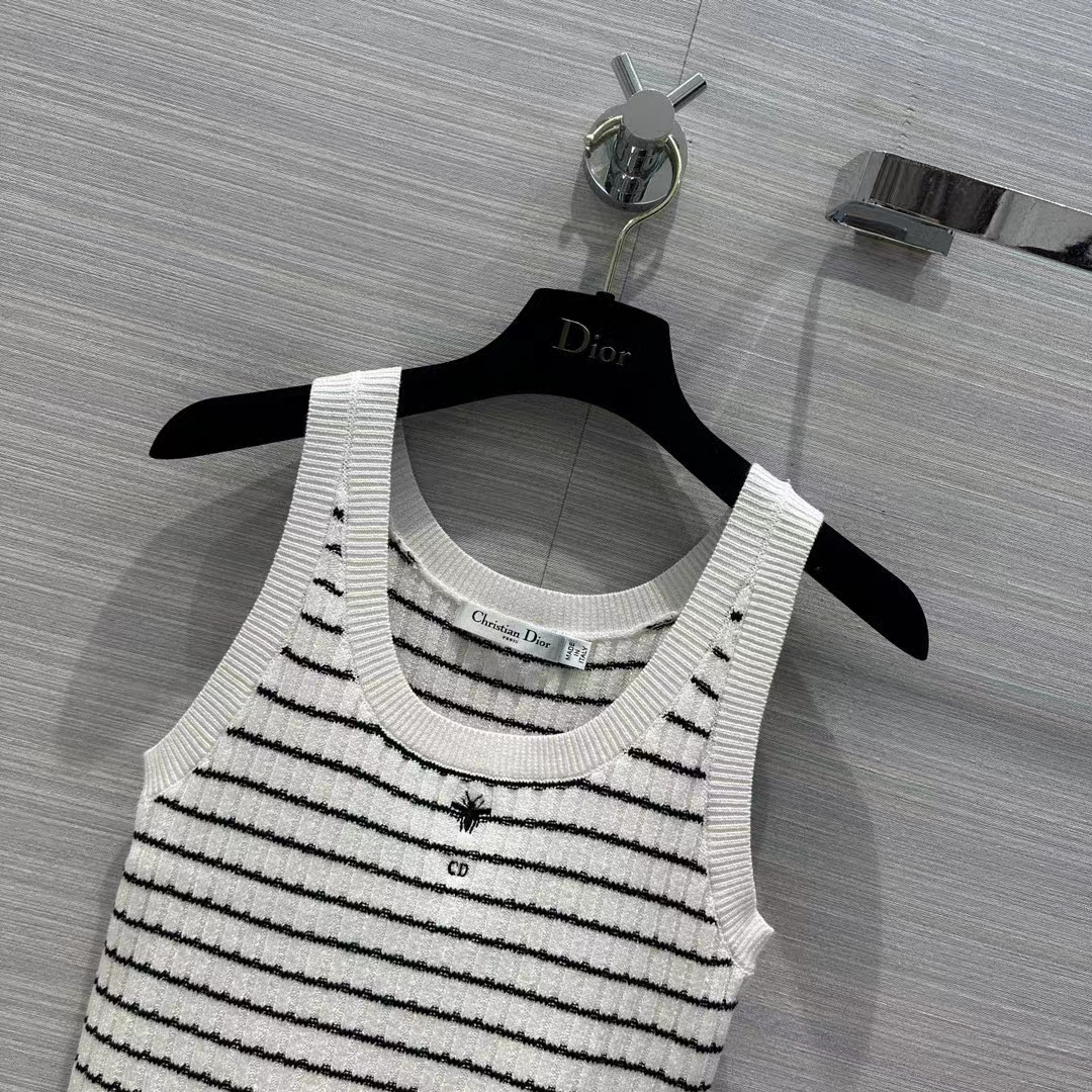 Dior Women CD Twin Set Knitwear Sweater Vest White Black Linen Cashmere Silk Ribbed Knit