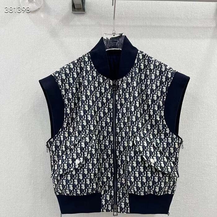 Dior Women CD Vest Blue Dior Oblique Technical Taffeta Embroidered Bee Emblem