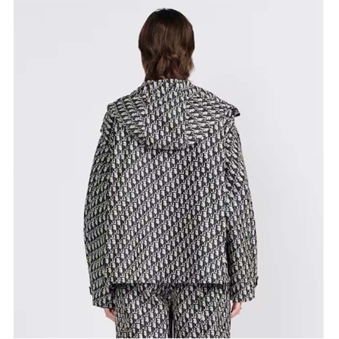 Dior Women CD Waterproof Hooded Jacket Blue Technical Taffeta Jacquard Dior Oblique Motif