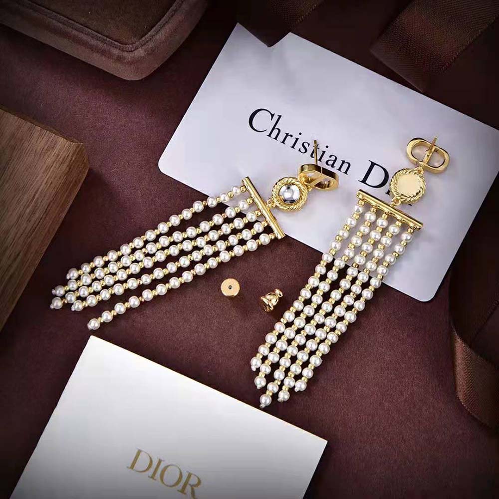 Dior Women La Parisienne Earrings Gold-Finish Metal with White Resin Pearls and Mirrors